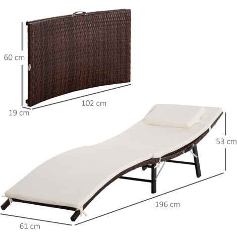 Outsunny Folding Rattan Sun Lounger Outdoor Chair with Cushion and Pillow Brown and Cream White
