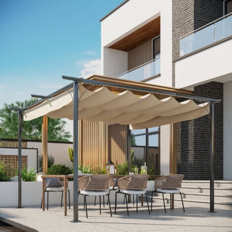 Outsunny 3.5x3.5m Pergola Metal Gazebo Backyard Porch Awning Retractable Canopy Beige