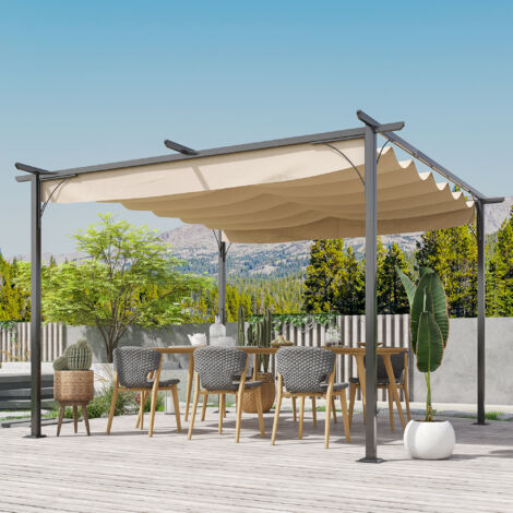 Outsunny 3.5x3.5m Pergola Metal Gazebo Backyard Porch Awning Retractable Canopy Beige