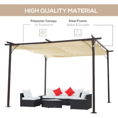 Outsunny 3.5x3.5m Pergola Metal Gazebo Backyard Porch Awning Retractable Canopy Beige