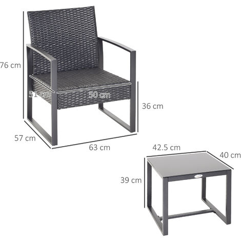 Outsunny 3 Pieces Rattan Patio Bistro Set 2 Chairs Coffee Side Table Set Grey