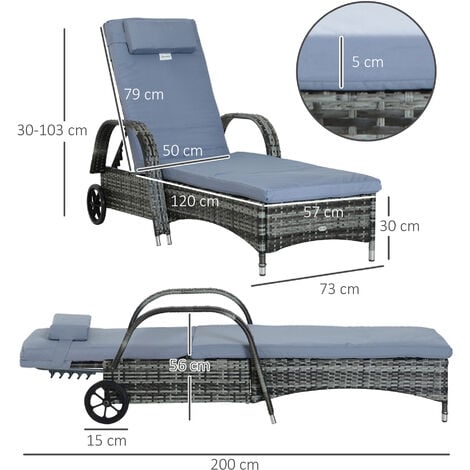 Outsunny Adjustable Wicker Rattan Sun Lounger Recliner Chair w/ Cushion Grey