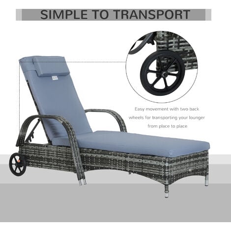 Outsunny Adjustable Wicker Rattan Sun Lounger Recliner Chair w/ Cushion Grey