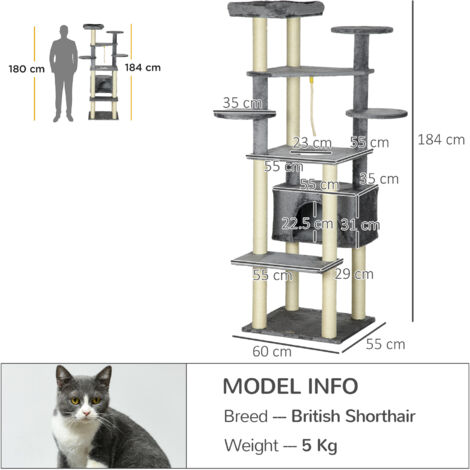 PawHut 184cm Cat Tree for Indoor Cats, Modern Cat Tower with Cat Bed - Grey