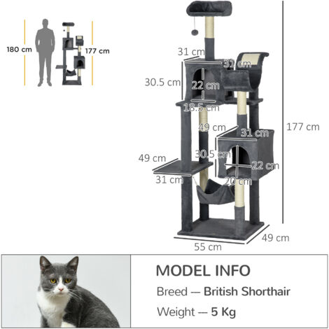 PawHut 177cm Cat Tree Mult-level with Scratching Posts 2 Houses, Dark Grey