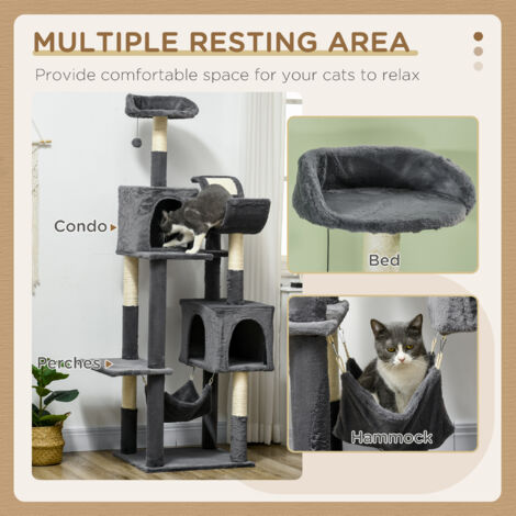 PawHut 177cm Cat Tree Mult-level with Scratching Posts 2 Houses, Dark Grey