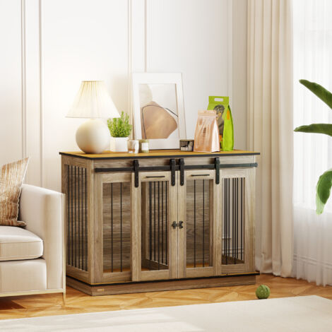 PawHut Dog Crate Furniture for Large Dog, Double Dog Cage with Divider Oak