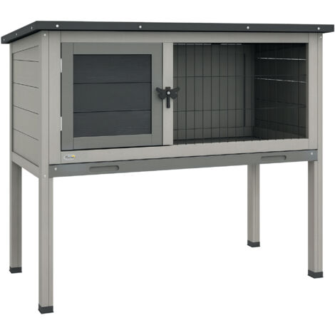 Pawhut Large Elevated Indoor Outdoor Wooden Rabbit Hutch w/ Asphalt Roof, Tray Grey