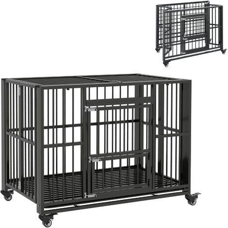 PawHut Heavy Duty Dog Crate Foldable Dog Cage on Wheels Removable Tray 43 Inch