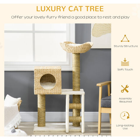 PawHut Cat Tree Kitten Tower Cattail Weave w/ Scratching Posts, Bed, House