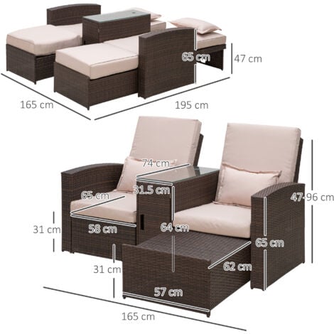 Outsunny Garden Double Rattan Sun Lounger Sofa Recliner Wicker Patio Brown