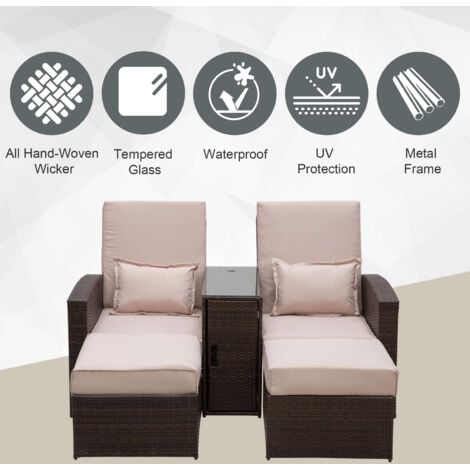 Outsunny Garden Double Rattan Sun Lounger Sofa Recliner Wicker Patio Brown