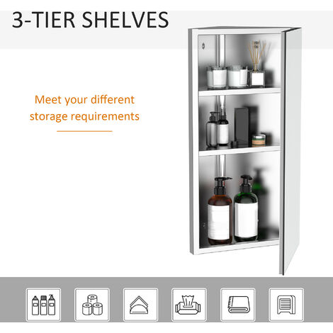 HOMCOM Bathroom Corner Wall Mirror Storage Cabinet Cupboard Stainless Steel