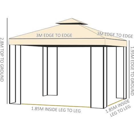 Outsunny 3 x 3(m)  Garden Gazebo Marquee Tent Canopy Shelter Pavilion Beige