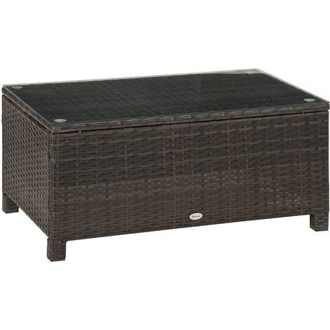 Outsunny Garden Rattan Side Table,Wicker Coffee Desk, Glass Top Brown