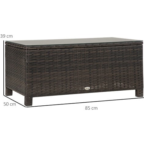 Outsunny Garden Rattan Side Table,Wicker Coffee Desk, Glass Top Brown