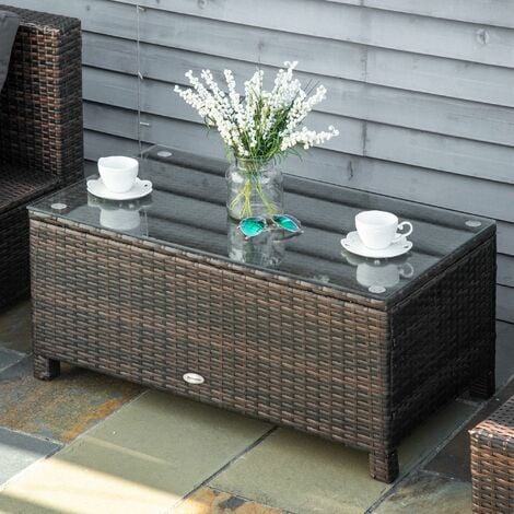 Outsunny Garden Rattan Side Table,Wicker Coffee Desk, Glass Top Brown