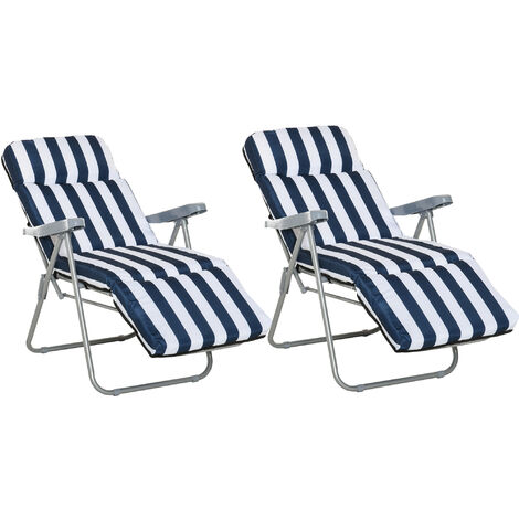 Outsunny Set of 2 Garden Patio Outdoor Sun Recliners Loungers Folding Foldable Multi Position Relaxers Chairs with Cushions Fire Retardant Sponge (Blue White)