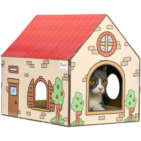 PawHut Cat House Scratcher, Recyclable Cardboard with Catnip, Red Roof (1/5)