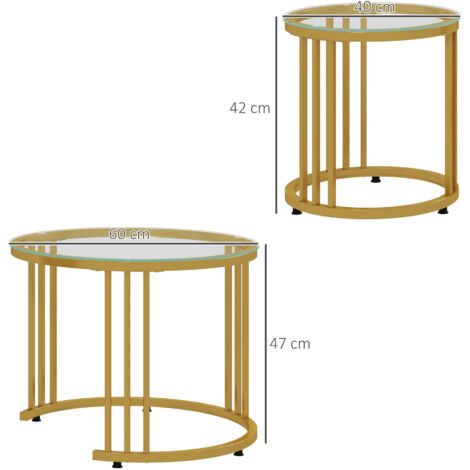 HOMCOM 2 Pieces Round Nesting Coffee Tables with Tempered Glass Top, Gold Tone
