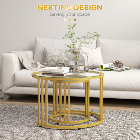 HOMCOM 2 Pieces Round Nesting Coffee Tables with Tempered Glass Top, Gold Tone
