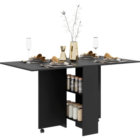 HOMCOM Folding Dining Table, Drop Leaf Table for Small Spaces with 2-tier Shelves, Small Kitchen Table with Rolling Casters Black