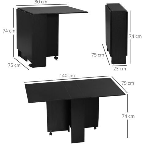 HOMCOM Folding Dining Table, Drop Leaf Table for Small Spaces with 2-tier Shelves, Small Kitchen Table with Rolling Casters Black