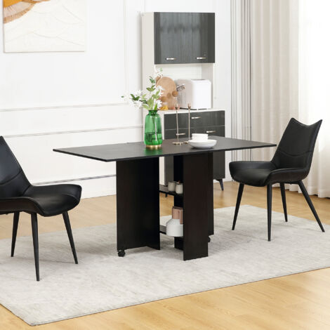 HOMCOM Folding Dining Table, Drop Leaf Table for Small Spaces with 2-tier Shelves, Small Kitchen Table with Rolling Casters Black