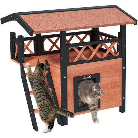 PawHut Outdoor Cat House w/ Balcony Stairs Roof Brown