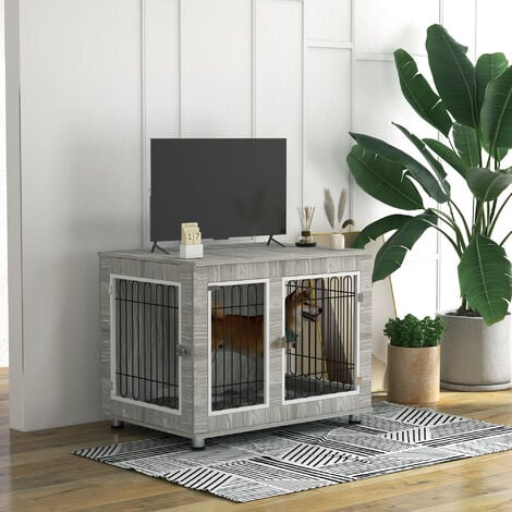 PawHut Dog Crate Furniture, Dog Crate End Table w/ Soft Cushion, Double Door
