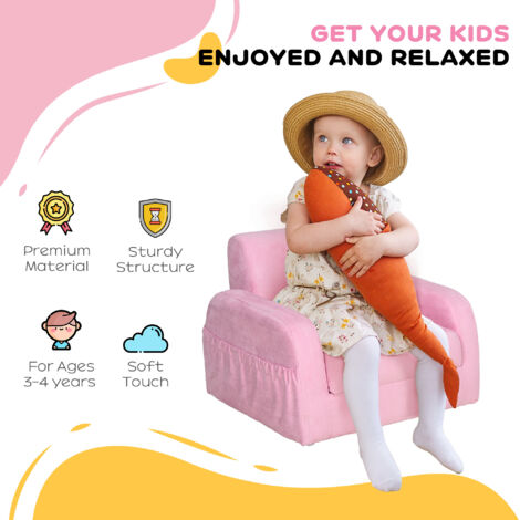 HOMCOM 2 In 1 Kids Sofa Chair Bed Folding Couch Flannel Foam for 3-4 years Pink