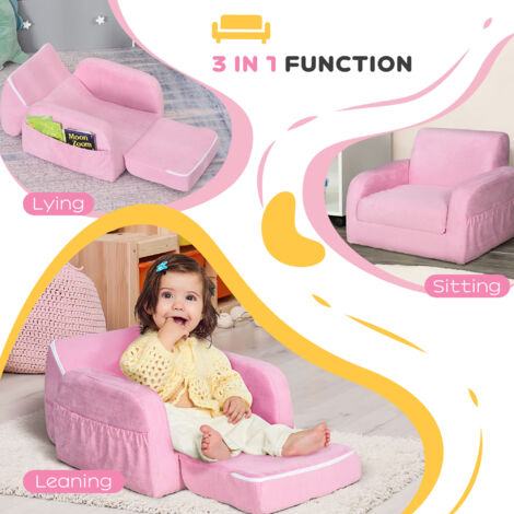 HOMCOM 2 In 1 Kids Sofa Chair Bed Folding Couch Flannel Foam for 3-4 years Pink