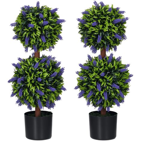 HOMCOM Set of 2 Potted Artificial Plants Ball Tree with Lavender Flowers 70cm (1/5)