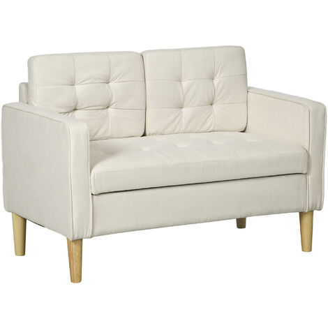 HOMCOM Compact Loveseat Sofa 2 Seater Sofa with Storage and Wood Legs Cream