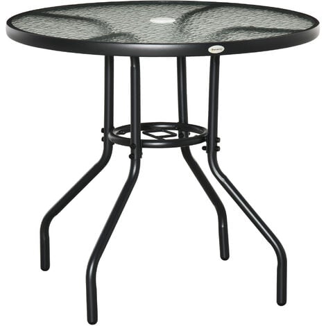 Outsunny Round Bistro Table Glass Top, Round Wooden Garden Table With Parasol Hole