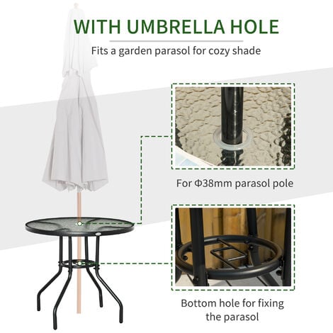 Outsunny Outdoor Round Dining Table Tempered Glass Top w/ Parasol Hole 80cm