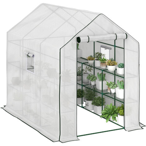 Outsunny Walk-in Outdoor Green House with Door and Mesh Windows White