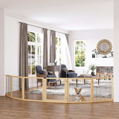 PawHut Freestanding Pet Dog Gate Six Panel Foldable Wooden Playpen 432cm Natural