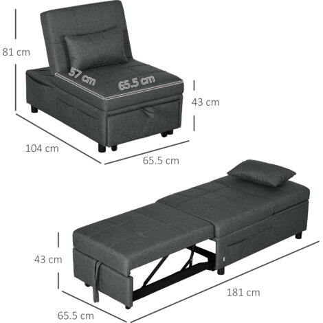 HOMCOM Folding Sofa Bed Adjustable Single Sleeper w/ Pillow Side Pocket Grey