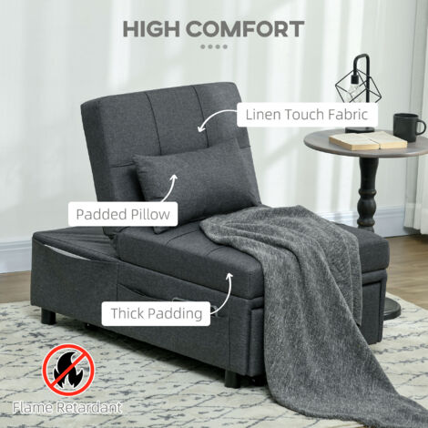HOMCOM Folding Sofa Bed Adjustable Single Sleeper w/ Pillow Side Pocket Grey