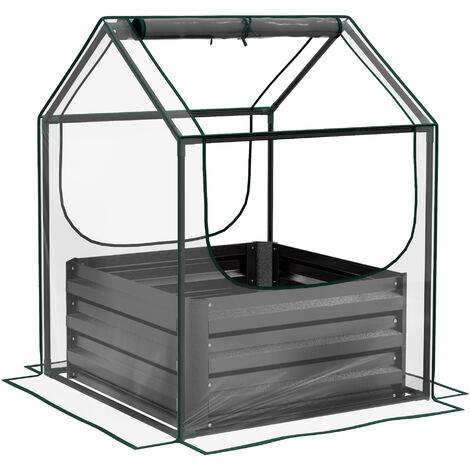 Outsunny Raised Garden Bed Planter Box with Greenhouse, Clear and Dark Grey