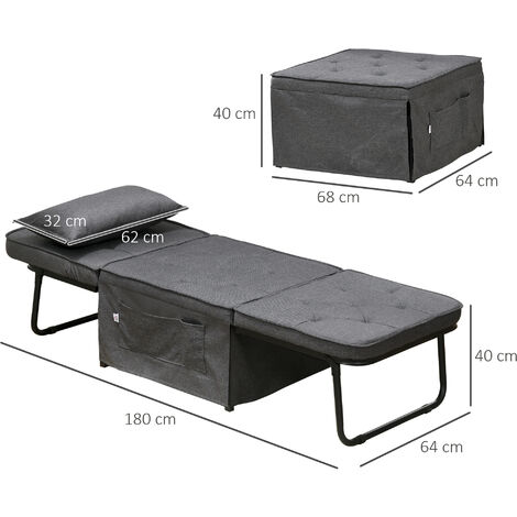 HOMCOM Folding Sleeper Chair Bed with Pillow and Side Pockets Charcoal Grey
