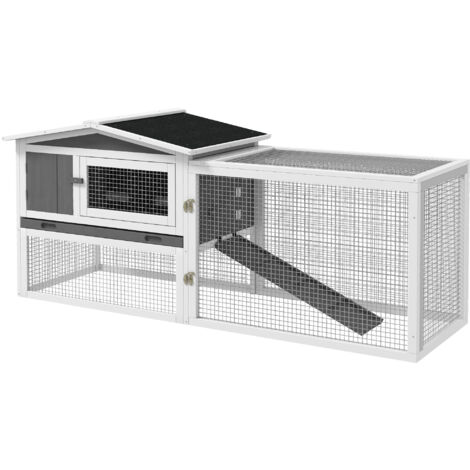 PawHut Rabbit Hutch and Run Outdoor w/ Sliding Tray Hay Rack Ramp Grey