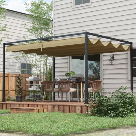 Outsunny Metal Pergola Gazebo Patio Sun Shelter Retractable Canopy Khaki 3x2m
