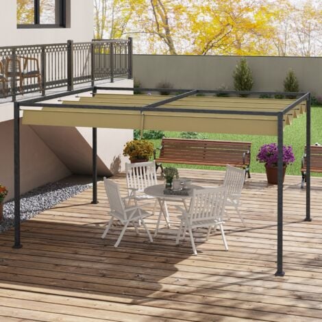Outsunny Metal Pergola Gazebo Patio Sun Shelter Retractable Canopy Khaki 3x2m