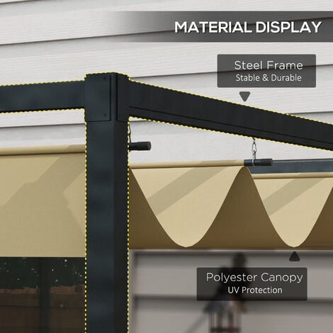 Outsunny Metal Pergola Gazebo Patio Sun Shelter Retractable Canopy Khaki 3x2m