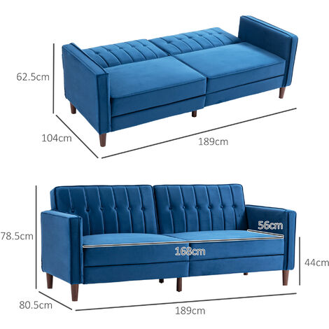 HOMCOM Convertible Sofa Futon Velvet-Touch Tufted Couch Sofa Bed Split Back Blue