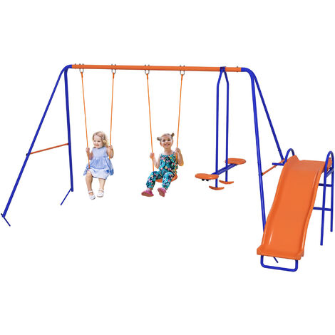 Outsunny 4 in 1 Metal Kids Swing Set w/ Double Swings, Glider, Slide, Ladder (1/5)