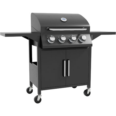 Outsunny Gas Grill Portable BBQ Trolley w/ 4 Wheels and Side Shelves 132cm x 60cm x 109cm (1/5)
