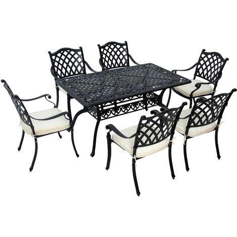 Outsunny 7-PC Cast Aluminum Patio Dining Set w/ Umbrella Hole & Cushion Black